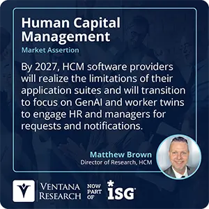 By 2027, HCM software providers will realize the limitations of their application suites and will transition to focus on GenAI and worker twins to engage HR and managers for requests and notifications.