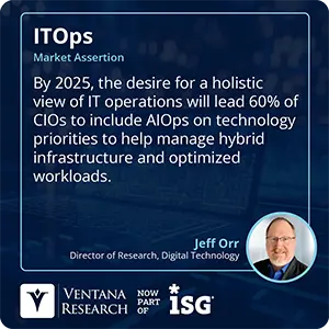 By 2025, the desire for a holistic view of IT operations will lead 60% of CIOs to include AIOps on technology priorities to help manage hybrid infrastructure and optimized workloads.