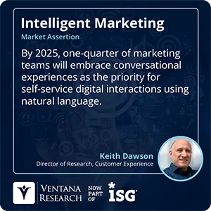 By 2025, one-quarter of marketing teams will embrace conversational experiences as the priority for self-service digital interactions using natural language. 