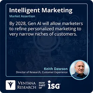 By 2028, Gen AI will allow marketers to refine personalized marketing to very narrow niches of customers. 