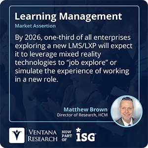 By 2026, one-third of all enterprises exploring a new LMS/LXP will expect it to leverage mixed reality technologies to “job explore” or simulate the experience of working in a new role. 