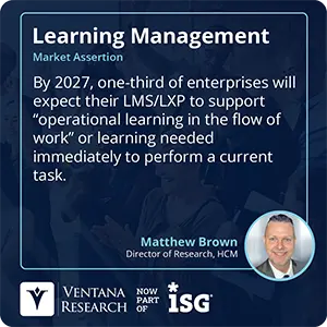 By 2027, one-third of enterprises will expect their LMS/LXP to support “operational learning in the flow of work” or learning needed immediately to perform a current task. 