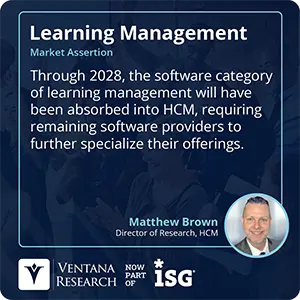 Through 2028, the software category of learning management will have been absorbed into HCM, requiring remaining software providers to further specialize their offerings.