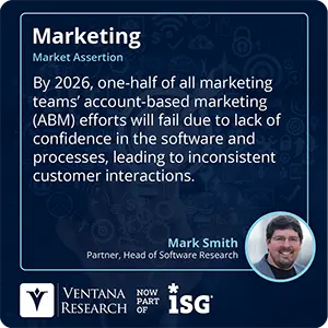 By 2026, one-half of all marketing teams’ account-based marketing (ABM) efforts will fail due to lack of confidence in the software and processes, leading to inconsistent customer interactions.