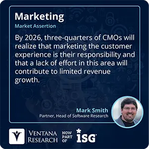 By 2026, three-quarters of CMOs will realize that marketing the customer experience is their responsibility and that a lack of effort in this area will contribute to limited revenue growth.