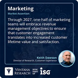 Through 2027, one-half of marketing teams will embrace revenue management objectives to ensure that customer engagement translates into increased customer lifetime value and satisfaction.  