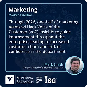 Through 2026, one-half of marketing teams will lack Voice of the Customer (VoC) insights to guide improvement throughout the enterprise, leading to increased customer churn and lack of confidence in the department. 