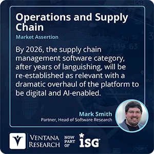 By 2026, the supply chain management software category, after years of languishing, will be re-established as relevant with a dramatic overhaul of the platform to be digital and AI-enabled.