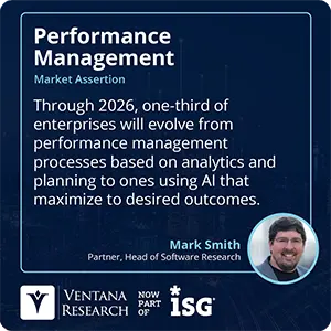 Through 2026, one-third of enterprises will evolve from performance management processes based on analytics and planning to ones using AI that maximize to desired outcomes.