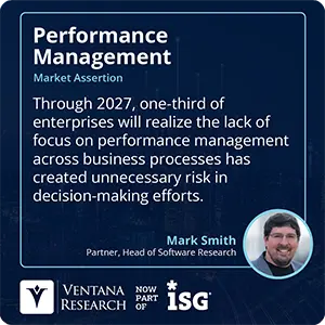 Through 2027, one-third of enterprises will realize the lack of focus on performance management across business processes has created unnecessary risk in decision-making efforts. 