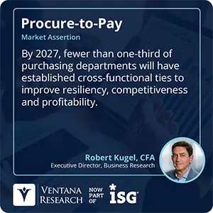 By 2027, fewer than one-third of purchasing departments will have established cross-functional ties to improve resiliency, competitiveness and profitability.