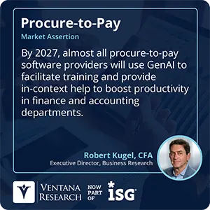 By 2027, almost all procure-to-pay software providers will use GenAI to facilitate training and provide in-context help to boost productivity in finance and accounting departments.