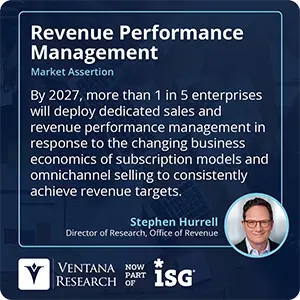 By 2027, more than 1 in 5 enterprises will deploy dedicated sales and revenue performance management in response to the changing business economics of subscription models and omnichannel selling to consistently achieve revenue targets.