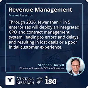 Through 2026, fewer than 1 in 5 enterprises will deploy an integrated CPQ and contract management system, leading to errors and delays and resulting in lost deals or a poor initial customer experience. 
