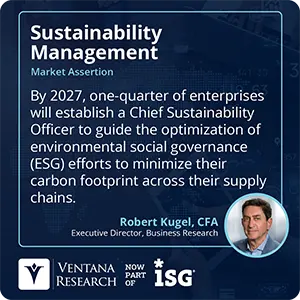 By 2027, one-quarter of enterprises will establish a Chief Sustainability Officer to guide the optimization of environmental social governance (ESG) efforts to minimize their carbon footprint across their supply chains.