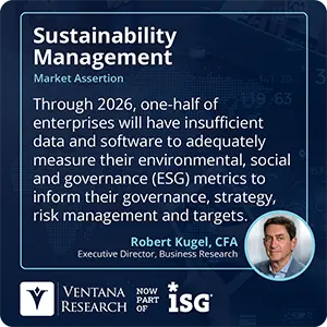 Through 2026, one-half of enterprises will have insufficient data and software to adequately measure their environmental, social and governance (ESG) metrics to inform their governance, strategy, risk management and targets. 