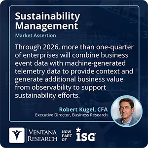 Through 2026, more than one-quarter of enterprises will combine business event data with machine-generated telemetry data to provide context and generate additional business value from observability to support sustainability efforts.