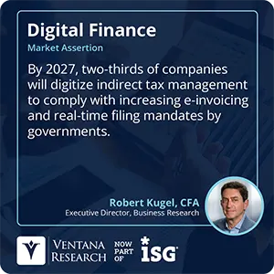 By 2027, two-thirds of companies will digitize indirect tax management to comply with increasing e-invoicing and real-time filing mandates by governments.