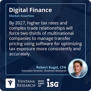 By 2027, higher tax rates and complex trade relationships will force two-thirds of multinational companies to manage transfer pricing using software for optimizing tax exposure more consistently and accurately. 