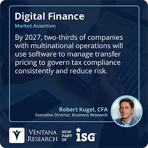 By 2027, two-thirds of companies with multinational operations will use software to manage transfer pricing to govern tax compliance consistently and reduce risk. 