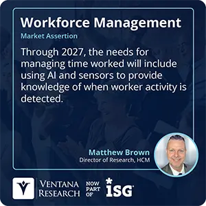 Through 2027, the needs for managing time worked will include using AI and sensors to provide knowledge of when worker activity is detected.