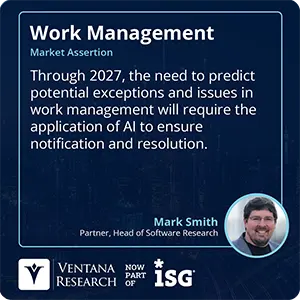 Through 2027, the need to predict potential exceptions and issues in work management will require the application of AI to ensure notification and resolution.