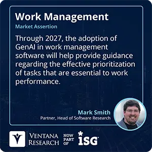 Through 2027, the adoption of GenAI in work management software will help provide guidance regarding the effective prioritization of tasks that are essential to work performance.